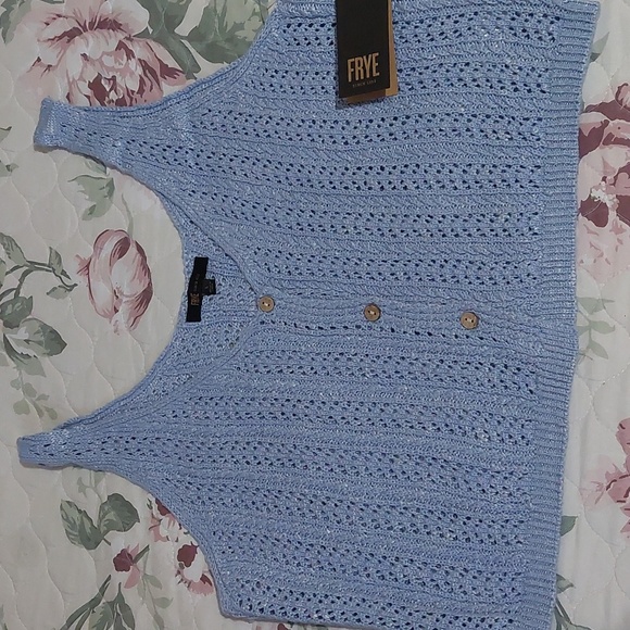 Frye baby blue knitted button up pointell top - Picture 4 of 10